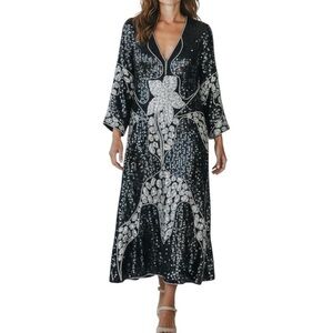 Scala Silk Beaded & Sequin Art Deco Long Sleeve Evening Dress - L/XL - See Desc